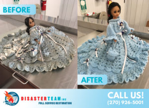 Child's blue doll before & after smoke damage