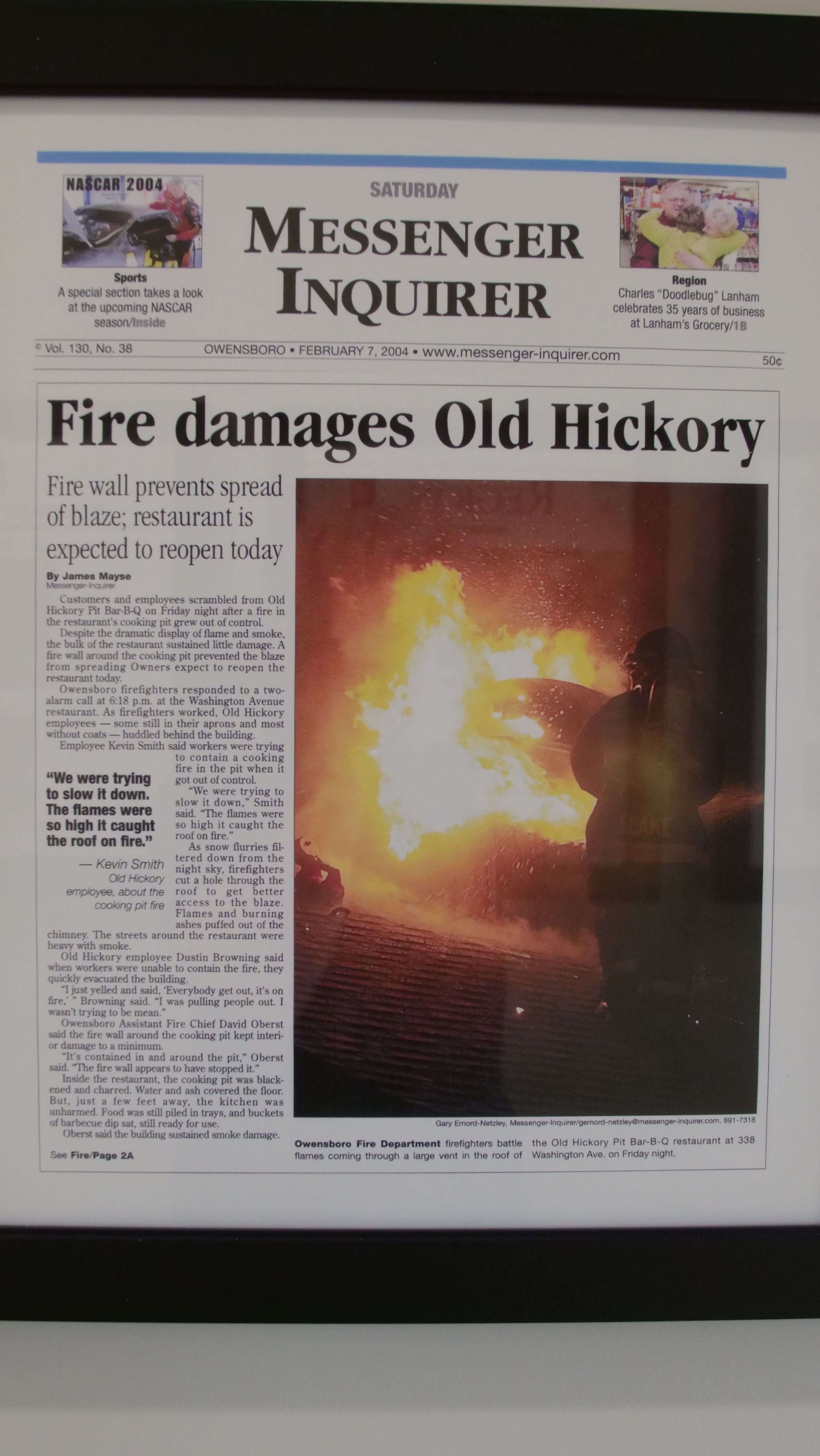 Newspaper showing Old Hickory fire damage