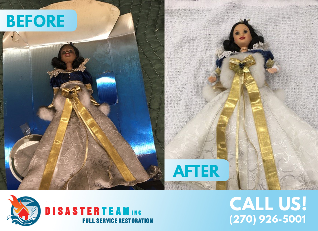 Child's doll before & after smoke damage
