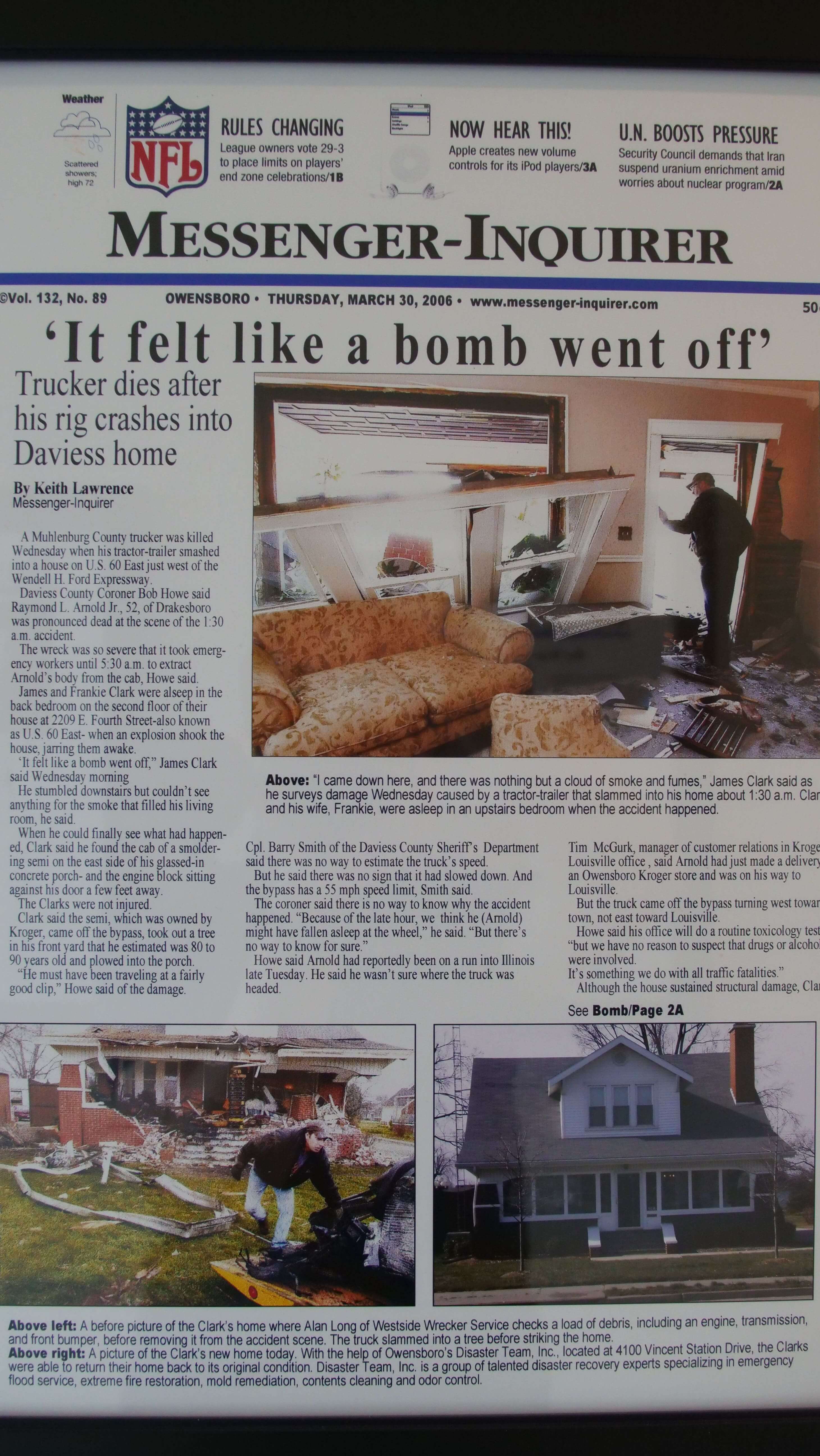 Newspaper showing trucker crashing into house