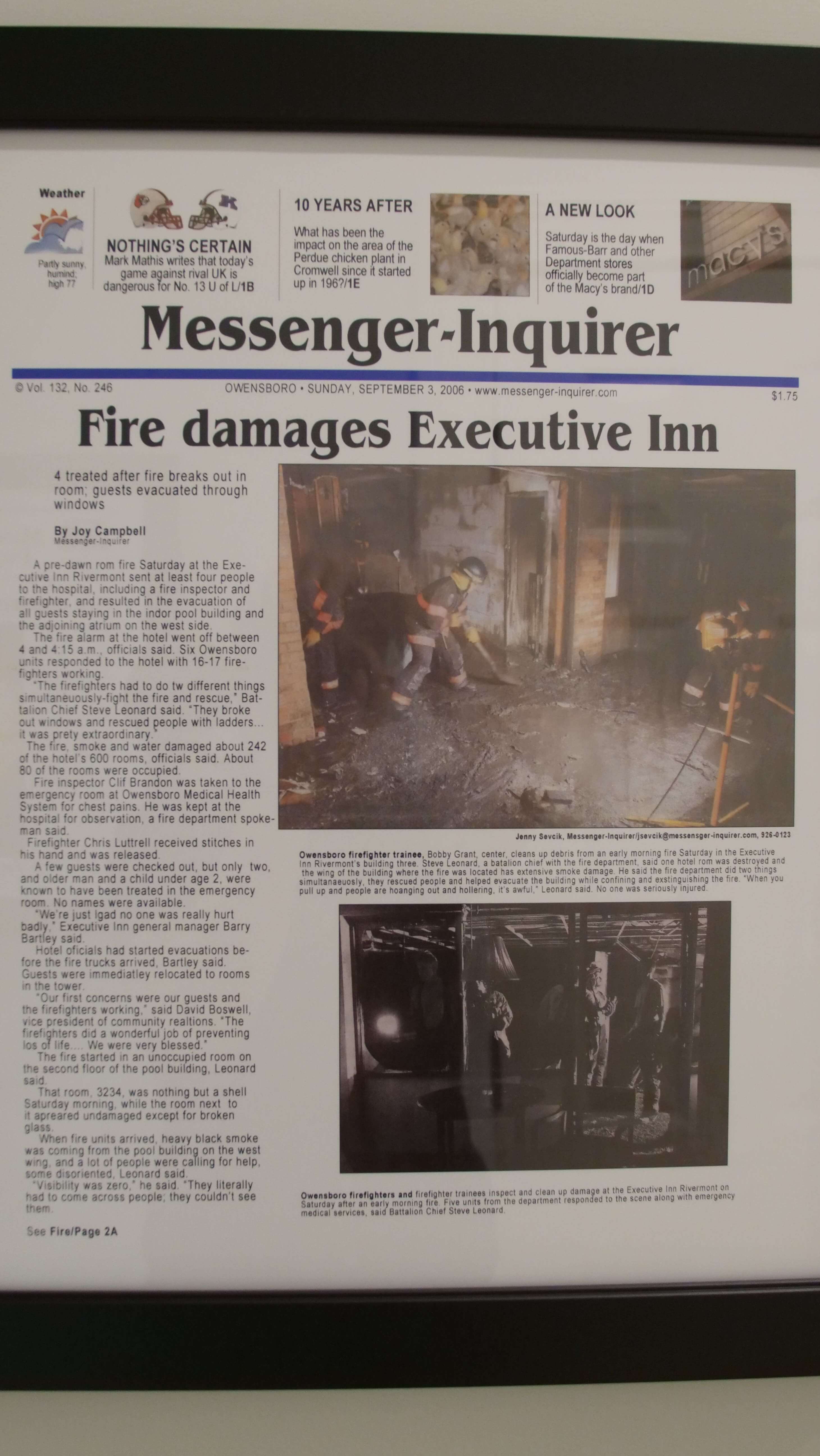 Newspaper showing Executive Inn fire damage